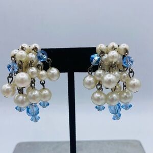 Vintage Faux Pearl and Light Blue Crystal Cluster Cha Cha Clip On Earrings